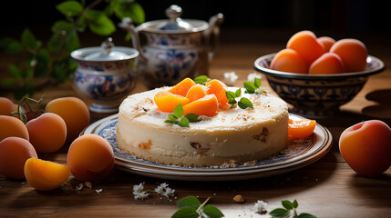 Fototapeta premium Cheesecake with sour cream, orange peaches and apricots and fresh mint decorations, concept of cooking in the kitchen