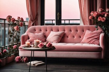 Pink Sofa on the Balcony Next to a Table, Draped with Velvet and Flowers