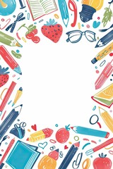 Obraz premium Back to School Kids Element Frame. Colorful Cartoon Art Illustrations Featuring Page, Paper, Diary, Pen, Eraser, and Colorful Pencil. Perfect Template for Cards, Notes, Stickers, with Ample Copy Space
