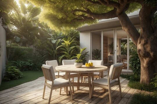 Courtyard with a Tiny House under a Tropical Tree