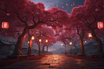 Fotobehang Dark Park with Lanterns and Hanging Trees © alexx_60