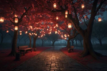 Tuinposter Dark Park with Lanterns and Hanging Trees © alexx_60