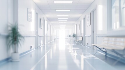 Long hospital bright corridor with rooms