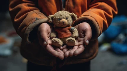 Foto op Plexiglas Hands of a child holding a toy in a temporary shelter © Dennis