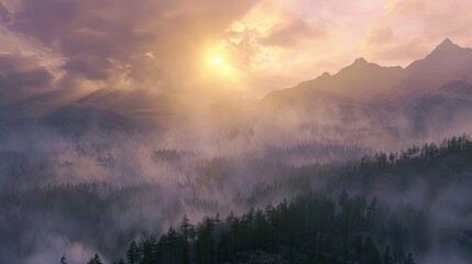 Mountains, high altitude, heights, sun, sunrise, bright rays, clouds, fog, wind, tourism, landscape, environment, backdrop, background. Concept of beauty of nature in the morning. Generative by AI