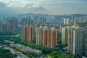 Obraz premium City Skyline With Towering Buildings and Abundant Greenery