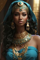 An Egyptian woman in a blue dress and gold jewelry.