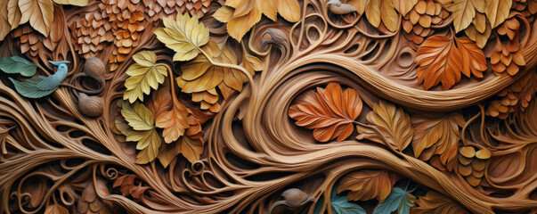 A piece of art with leaves and vines that is brown and orange. The leaves are arranged in a way that creates a sense of movement and flow. Scene is one of natural beauty and tranquility