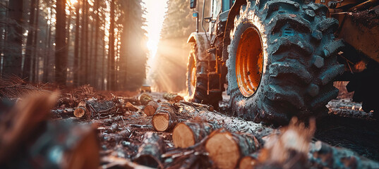 The harvester is working in the forest. Wood harvesting. Firewood as a renewable energy source