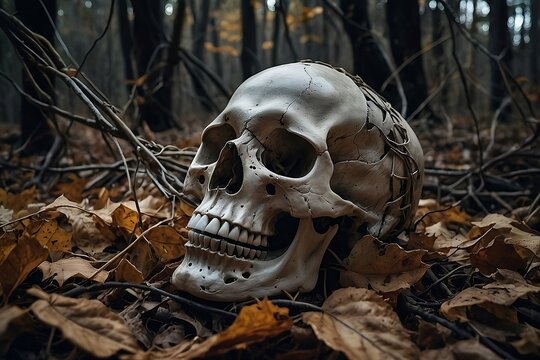 A close-up view of a skull nestled amidst the fallen leaves and tangled vines of a desolate woodland.