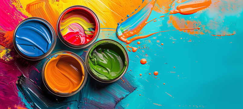 Range of possibilities with open paint cans and colorful splashes