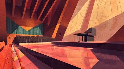 An abstract image of a stage for musical performances, a grand piano, a philharmonic society. Orange, pink, beige and other colors. Empty concert hall, culture, art, performance. Generative by AI