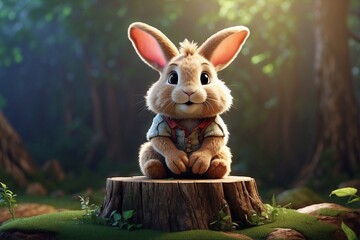 A smiling rabbit on top of a stump with fluffy ears. - obrazy, fototapety, plakaty