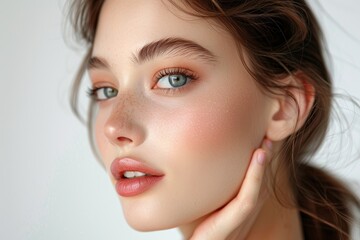 Naklejka premium Portrait of Young Woman with Freckles and Glowing Skin