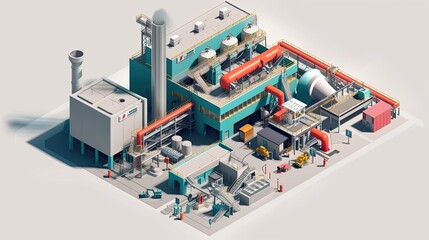 Obraz premium An abstract image of a factory, an image of a factory from above, cartoon style. Turquoise, orange and gray colors. A large area surrounded by metal pipes and structures. Generative by AI