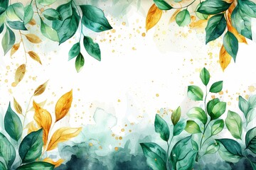 Green and gold leaves watercolor seamless border soft light closeup for wedding stationary
