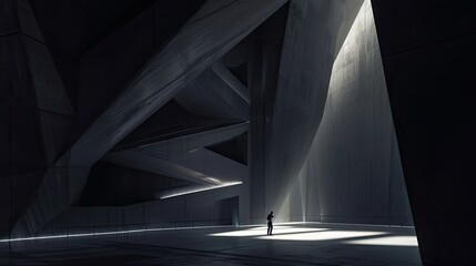 Illustration of hall, hall, performance space, stage, theater, philharmonic. Minimalism, brutalism, faded colors, smooth straight lines, one person, concrete. Loneliness concept. Generative by AI - obrazy, fototapety, plakaty