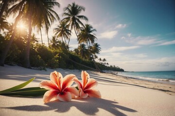 Tropical flowers lie on a white sandy beach on the shore of the azure ocean