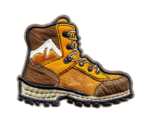 Embroidered hiking boot patch with scenic view