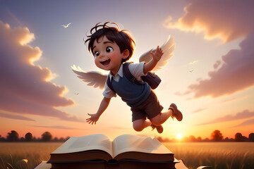Back to school. Happy cute hardworking fairytale child on books flying against sunset sky background. Education and reading concept. Development of imagination. Playground AI platform