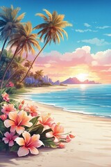 Fototapeta na wymiar Tropical flowers lie on a white sandy beach on the shore of the azure ocean