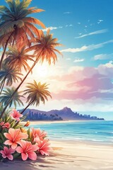 Fototapeta na wymiar Tropical flowers lie on a white sandy beach on the shore of the azure ocean