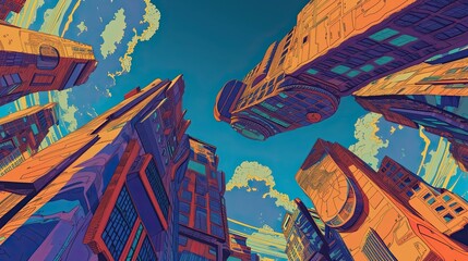 Abstract illustration of a landscape of a distorted, irregular city, an urban environment with deformed and distorted buildings, destruction, high rise buildings. Apocalypse concept. Generative by AI