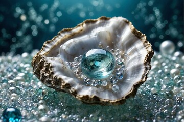 Dreamy Pearl: Oyster Shell with Sea Bubbles - obrazy, fototapety, plakaty