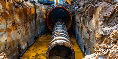 Industrial waste of water environmental pollution,Works on the replacement of sewer pipes thick pipes underground earthworks with communications utility services sawn pipe deep hole.

 - obrazy, fototapety, plakaty