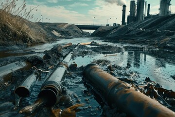 A dirty river with oil pipes and a bridge in the background - obrazy, fototapety, plakaty