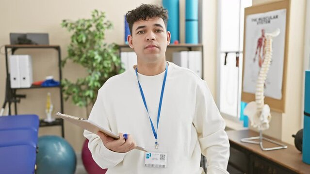 Confident young arab man at physiotherapy clinic points at camera, gesturing it's you he's chosen for success