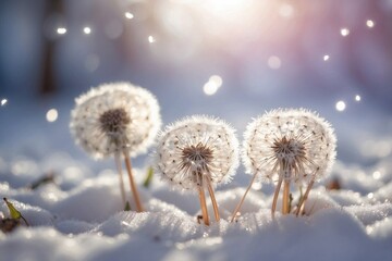 White Dandelions on Snowy Ground: Sparkling Silver and Soft Glowing Lights