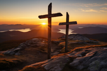 Three wooden crosses at sunset Christian symbolism