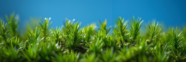 Mossy background with blue sky backdrop with empty copy space for text created with Generative AI Technology