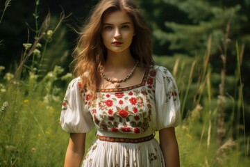 Bucolic Slavic girl in sundress in rural meadow. Traditional dressed woman in wild nature field. Generate ai - obrazy, fototapety, plakaty