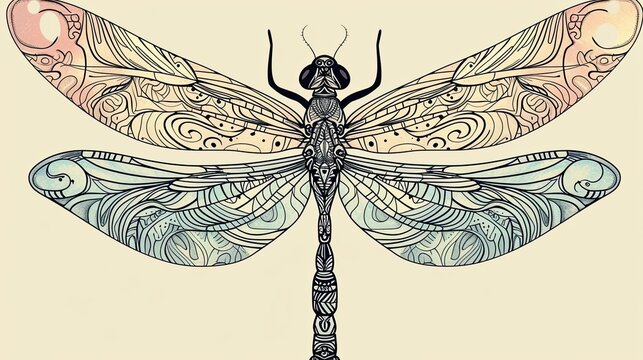 Abstract image of a dragonfly, on a beige background, hand drawn style, thin lines and shadows, profile, spread wings, insect, transparent, close up. Generative by AI
