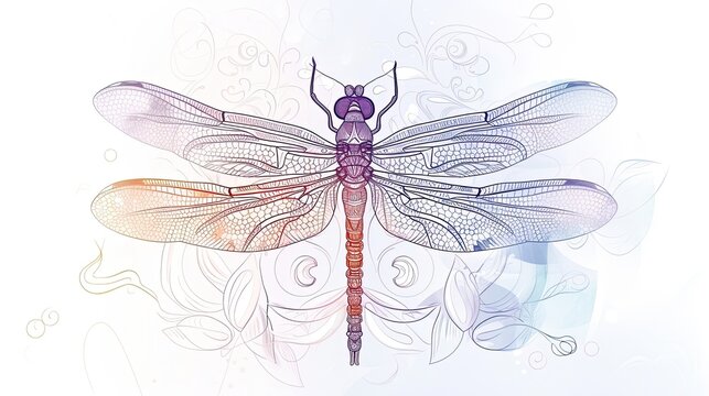 Abstract image of a dragonfly, on a white background, hand drawn style, thin lines and shadows, profile, spread wings, insect, transparent, close up. Generative by AI