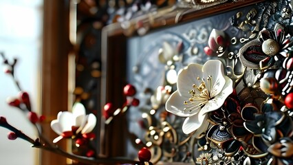 Closeup of beautiful picture white blossom in the frame, blurred backdrop