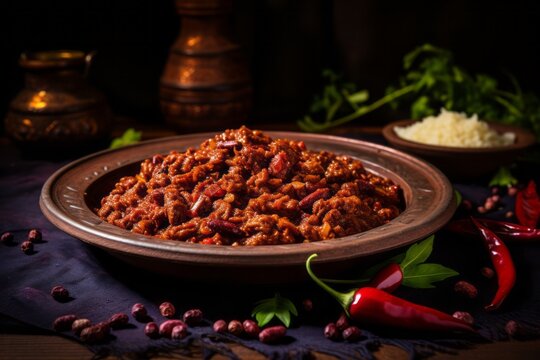 Delicious chili con carne on a rustic plate against a painted acrylic background