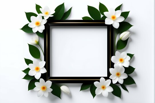 Frame with golden line surrounded by white flowers on white background. Place for text