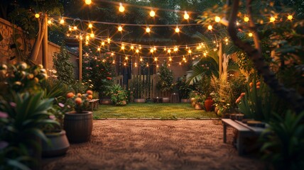 Twilight garden party ambiance with string lights casting a warm, festive glow