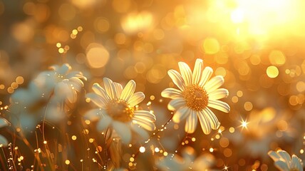 Dew-kissed golden flowers basking in the warmth of a serene golden hour