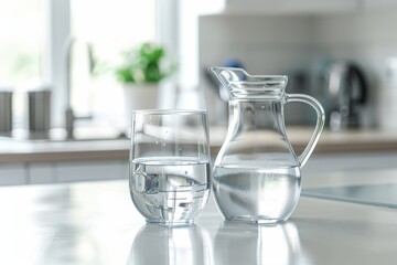 Glass and jug with purified water and domestic equipment with filters on white kitchen table and white isolated background. Front view. Horizontal composition.