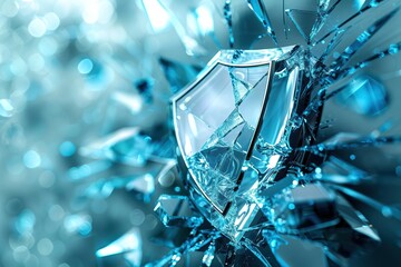 A broken glass shield icon as a metaphor for a compromised business data protection cold contrasting colors - obrazy, fototapety, plakaty