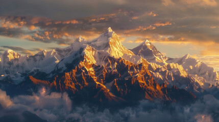 Majestuosas Montañas nevadas con tonos naranjas por el amanecer - obrazy, fototapety, plakaty