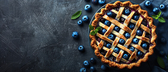 blueberry pie with a beautiful braided lattice crust. - obrazy, fototapety, plakaty