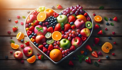 Fototapeta na wymiar Heart-shaped fruit bowl, filled to the brim with a vibrant selection of colorful fruits. Eating well for heart health.