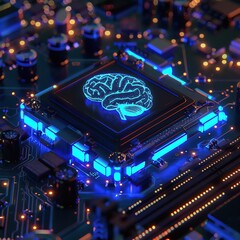 A futuristic 3D rendering of a glowing blue brain circuit on a microchip