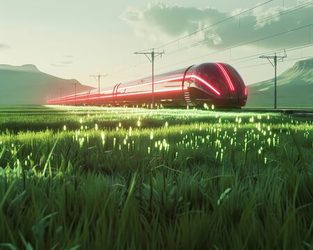 A harmonious blend of nature and technology as hyperloop trains zip through a green field