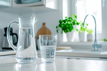 Glass and jug with purified water and domestic equipment with filters on white kitchen table and white isolated background. Front view. Horizontal composition.